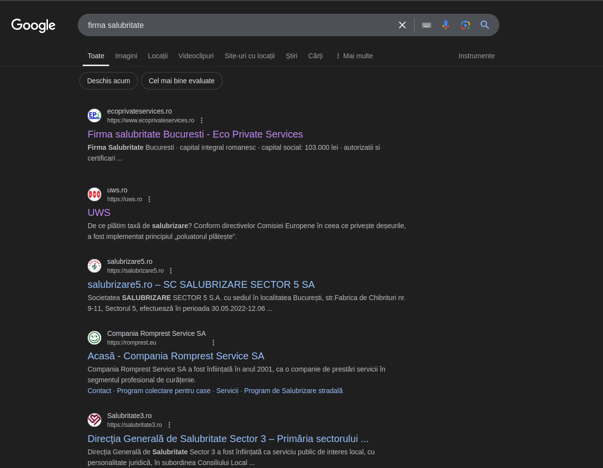 primul loc in cautari pe 'firma salubritate'